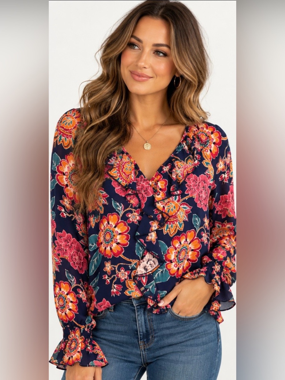 Democracy NWT Floral Ruffle V-Neck Blouse Navy Multicolor Size M